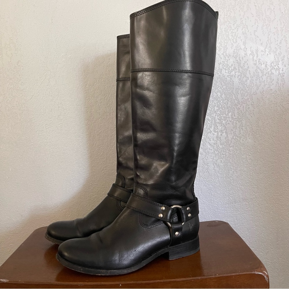 Frye Melissa Harness Inside Zip Tall Boot Black Size 6.5 B Black Smooth Leather